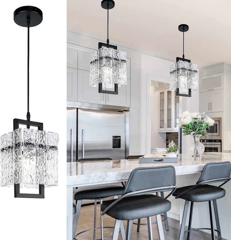 IKK Black Crystal Pendant Light for Kitchen Island, Luxury Water Ripple Glass Chandelier Lights Fixture, Modern Elegant Adjustable Pendant Lighting for Dining Room Bedroom, E12 Bulb, L6.5'' x H11.8'' - Image 1
